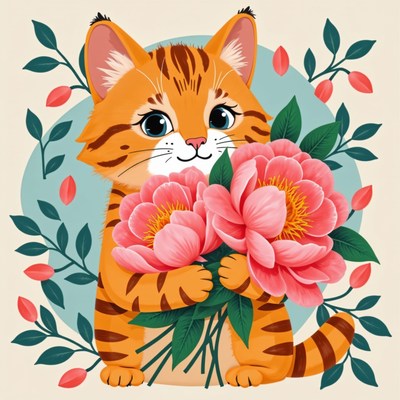 Cute orange tiger kitten holds blooming peonies with joy