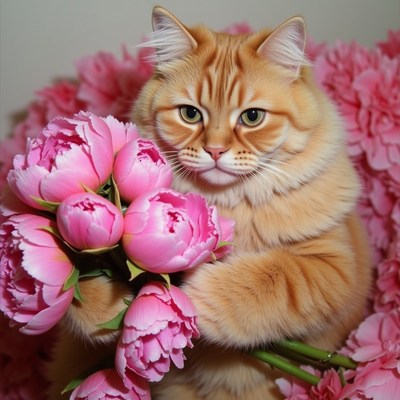 Cat holding pink peonies with floral backdrop indoors