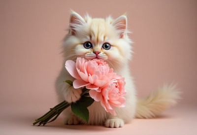 Cute kitten holding pink flowers against a soft background