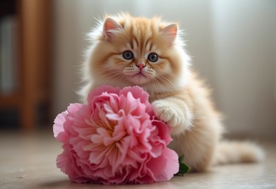 Cute kitten plays with pink flower indoors