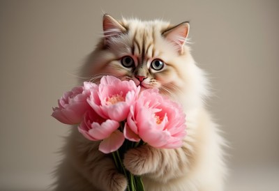 Fluffy cat holds pink flowers in soft light setting