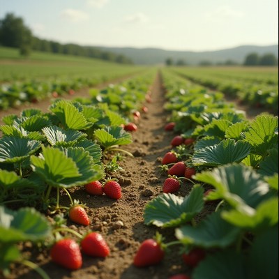 Strawberry field in early morning light near hills
