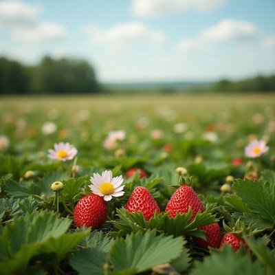 Fresh strawberries surrounded by wildflowers in a field