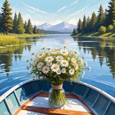 Beautiful flowers in a tranquil boat on a calm lake