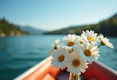 Boating with daisies at a tranquil lakeside