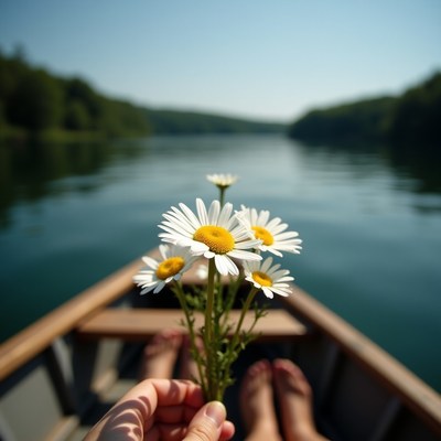 Holding daisies while relaxing on a calm lake