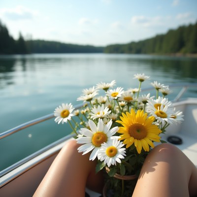 Relaxing in a boat with flowers on a serene lake