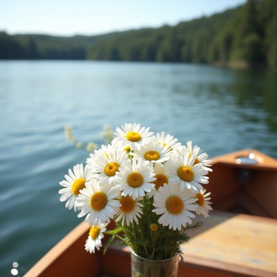 Daisy bouquet on a boat in a calm lake setting