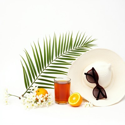 Refreshing summer drink and accessories on bright display
