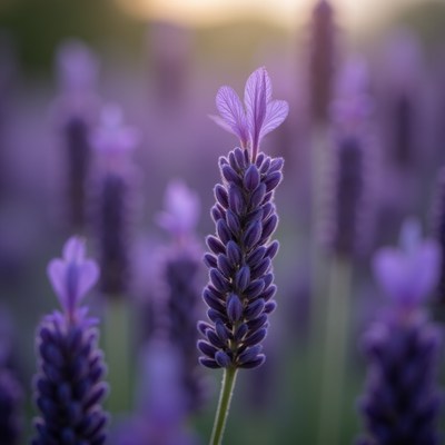 Lavender field blooms at sunset creating peaceful atmosphere