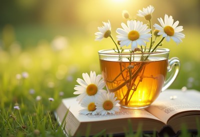 Cup of tea with daisies on an open book in sunlight