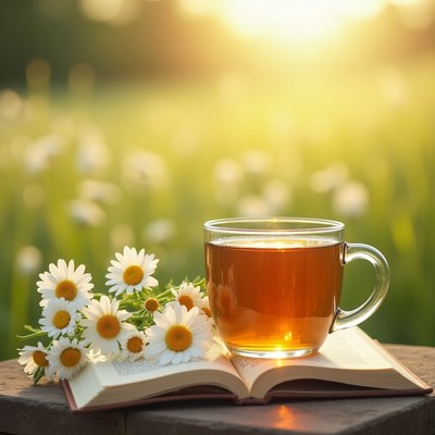 Enjoying tea and flowers in a sunny garden setting