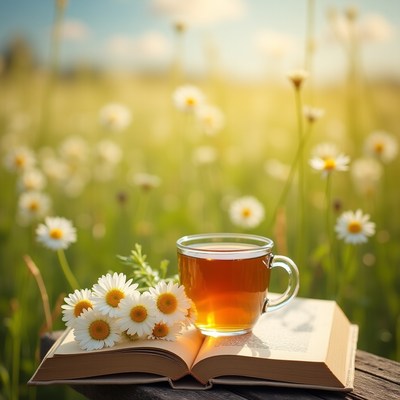 Tea and book resting on flowers in a sunny field