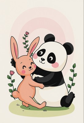 Cute rabbit and panda share a warm embrace in a garden