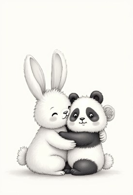 Cute rabbit and panda sharing a warm hug together