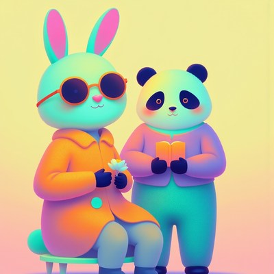 Colorful rabbit and panda characters enjoy a playful moment