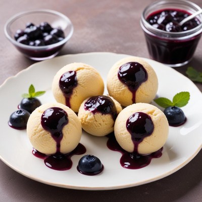 Delicious vanilla ice cream topped with blueberry sauce