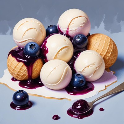 Delicious ice cream with blueberries and waffle cones