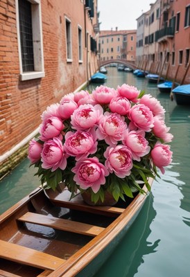 Beautiful peonies on a boat in a serene canal setting
