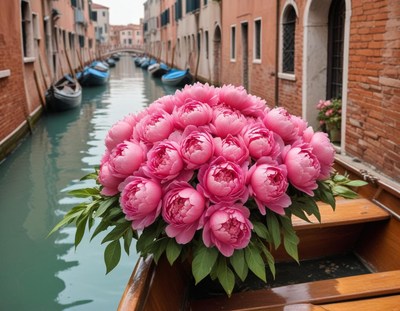 Colorful peonies on a boat in a venetian canal