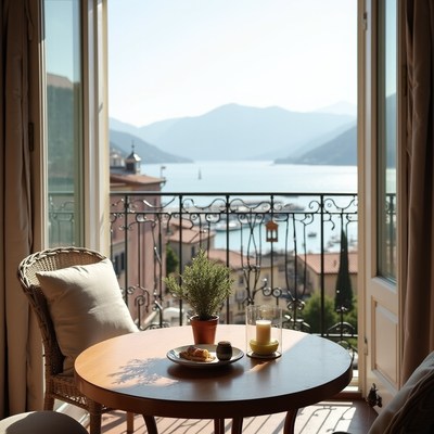 Morning view from a balcony overlooking the lake