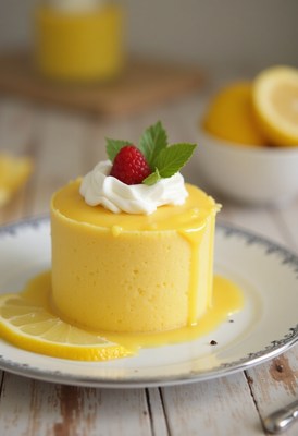 Delicious lemon mousse dessert with garnish and sauce