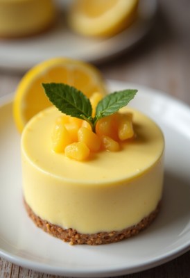 Delicious lemon cheesecake with mango topping on plate
