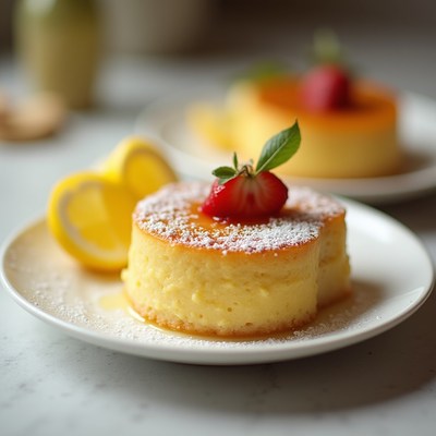 Delicious fluffy cake with lemon and strawberry garnish