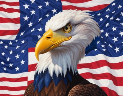Bald eagle portrait against american flag background