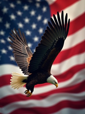 Eagle soaring against the american flag background