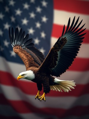 Bald eagle soaring in front of american flag