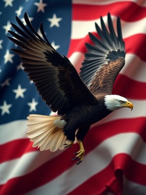 Eagle in flight over the american flag background