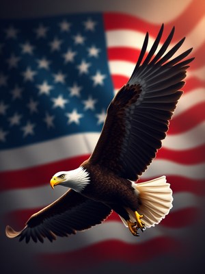 Bald eagle soaring against an american flag backdrop