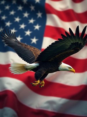 Eagle soaring in front of the american flag
