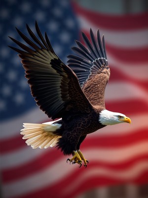 Eagle soaring with strength against american flag backdrop