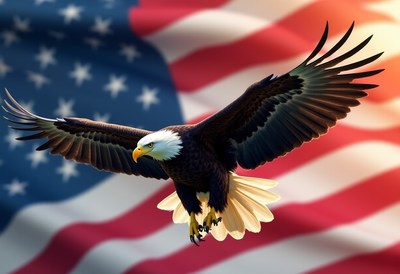 Eagle soaring against american flag backdrop