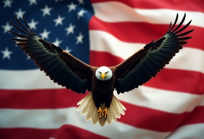 Bald eagle soaring against american flag background