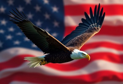 Eagle soaring in front of american flag backdrop