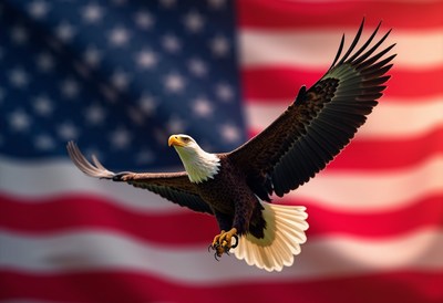 Bald eagle soaring against the american flag backdrop