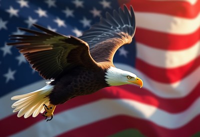 Bald eagle soaring against the american flag backdrop