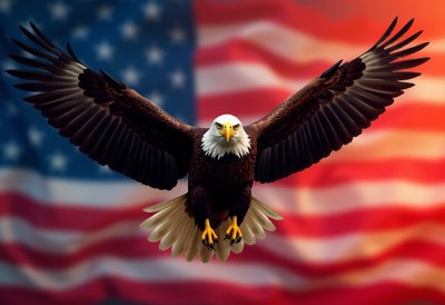 Bald eagle soaring in front of american flag backdrop