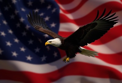 Eagle soars with pride against american flag backdrop