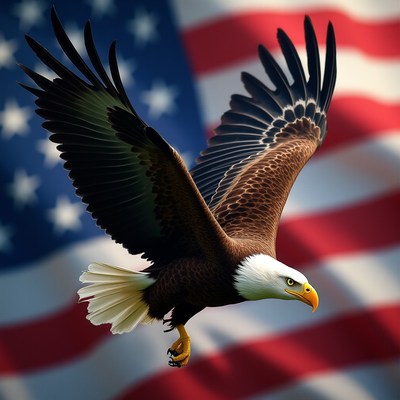 Bald eagle soaring in front of american flag backdrop