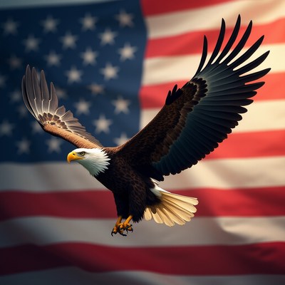 Bald eagle soaring against an american flag backdrop