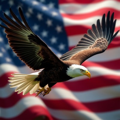 Bald eagle soaring in front of american flag backdrop