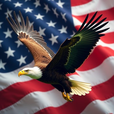 Bald eagle soaring in front of american flag backdrop