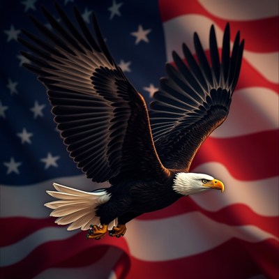 Majestic eagle soaring with american flag backdrop