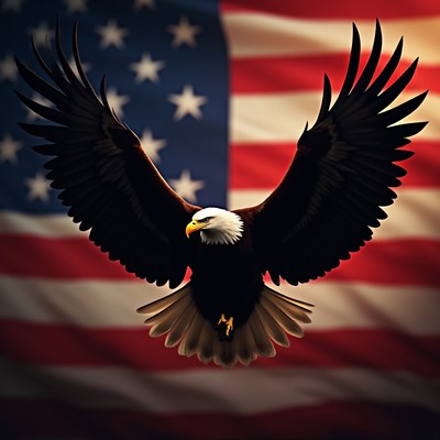 Eagle soaring against american flag background in sunset