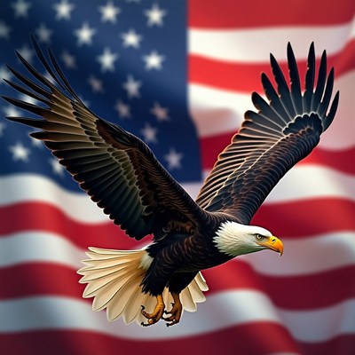 Bald eagle soaring against the american flag backdrop
