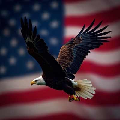 Bald eagle soaring over an american flag backdrop